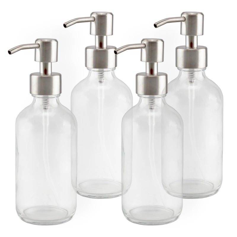 Cornucopia Brands 8Ounce Clear Glass Boston Round Bottles wStainless Steel Lotion Pumps 4Pack Empty Refillable Liquid Soap  Lotion Bottles